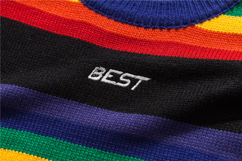 Rainbow Stripe Long Sleeve Pullover Men Sweater