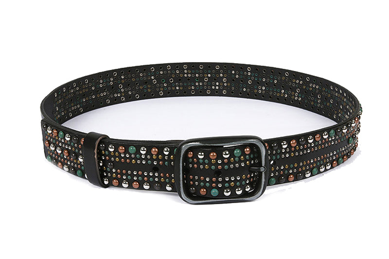 Geometric Pattern Beads Stitch Men Leather Belt