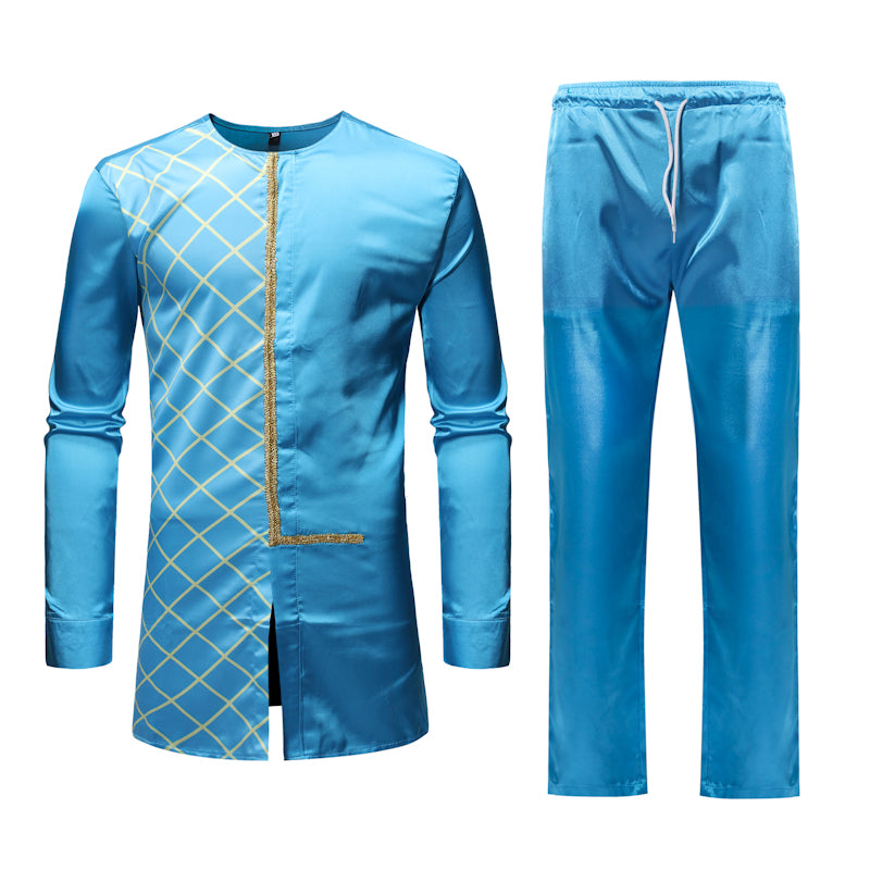 Ensemble de chemise et de pantalon pour hommes de style africain Dashiki bleu brillant