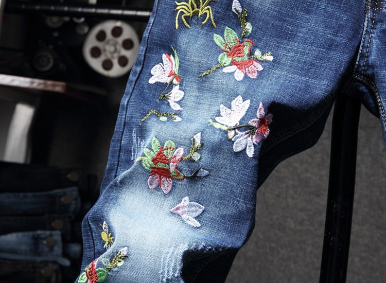 Oiseau Simple Broderie Bleu Denim Hommes Jeans