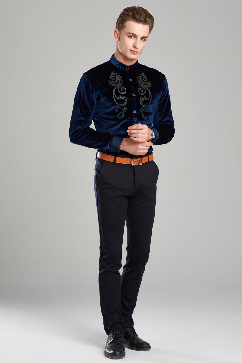 Twin Chest Embroidery Art Men Velvet Long Sleeve Mandarin Collar Shirt