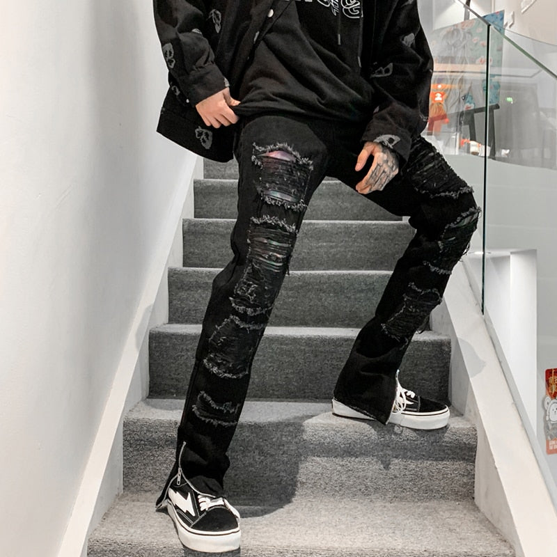 Ripped Hole Solid Color Straight Jeans