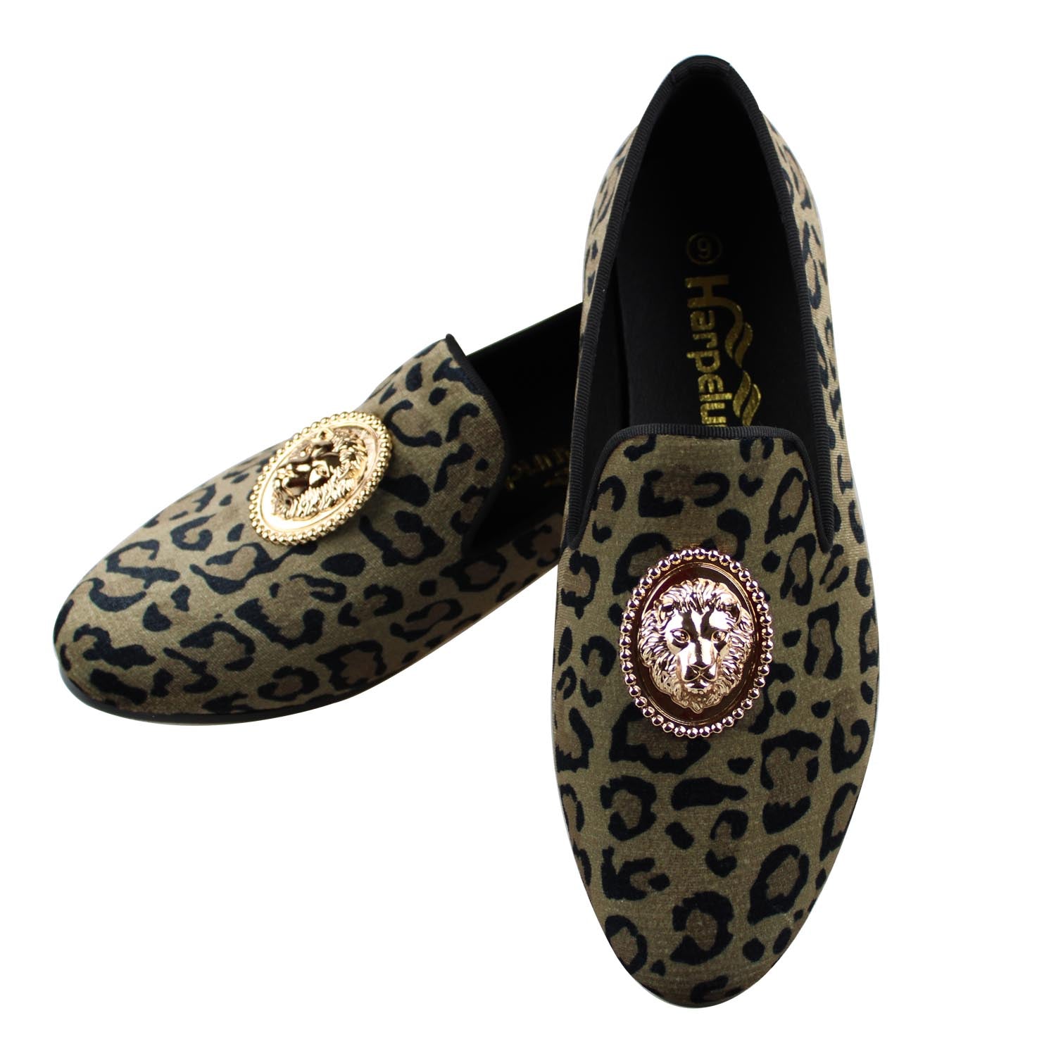 Mocasines de terciopelo con estampado de leopardo y emblema de león para hombre