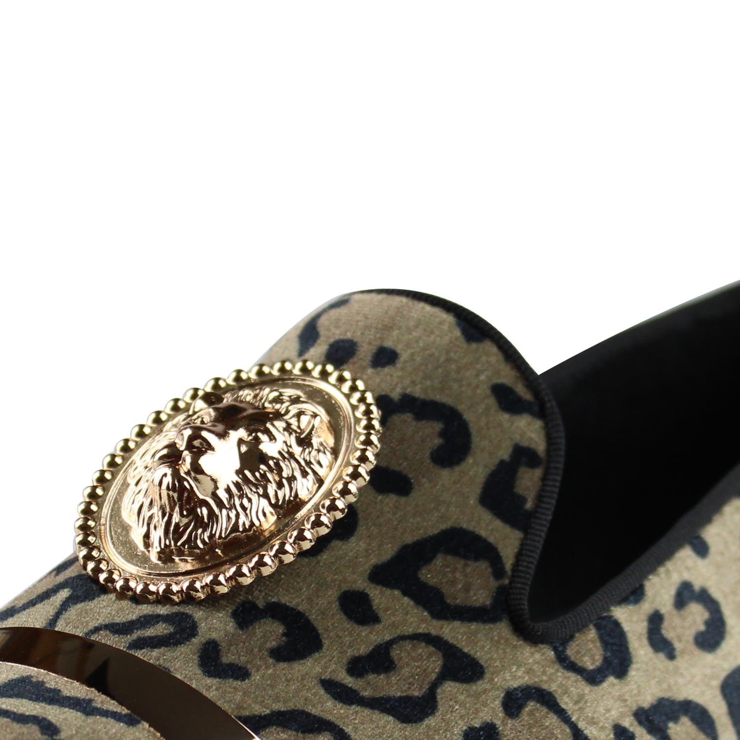 Leopard Print with Lion and Metal Strap Men Velvet Loafer Shoes