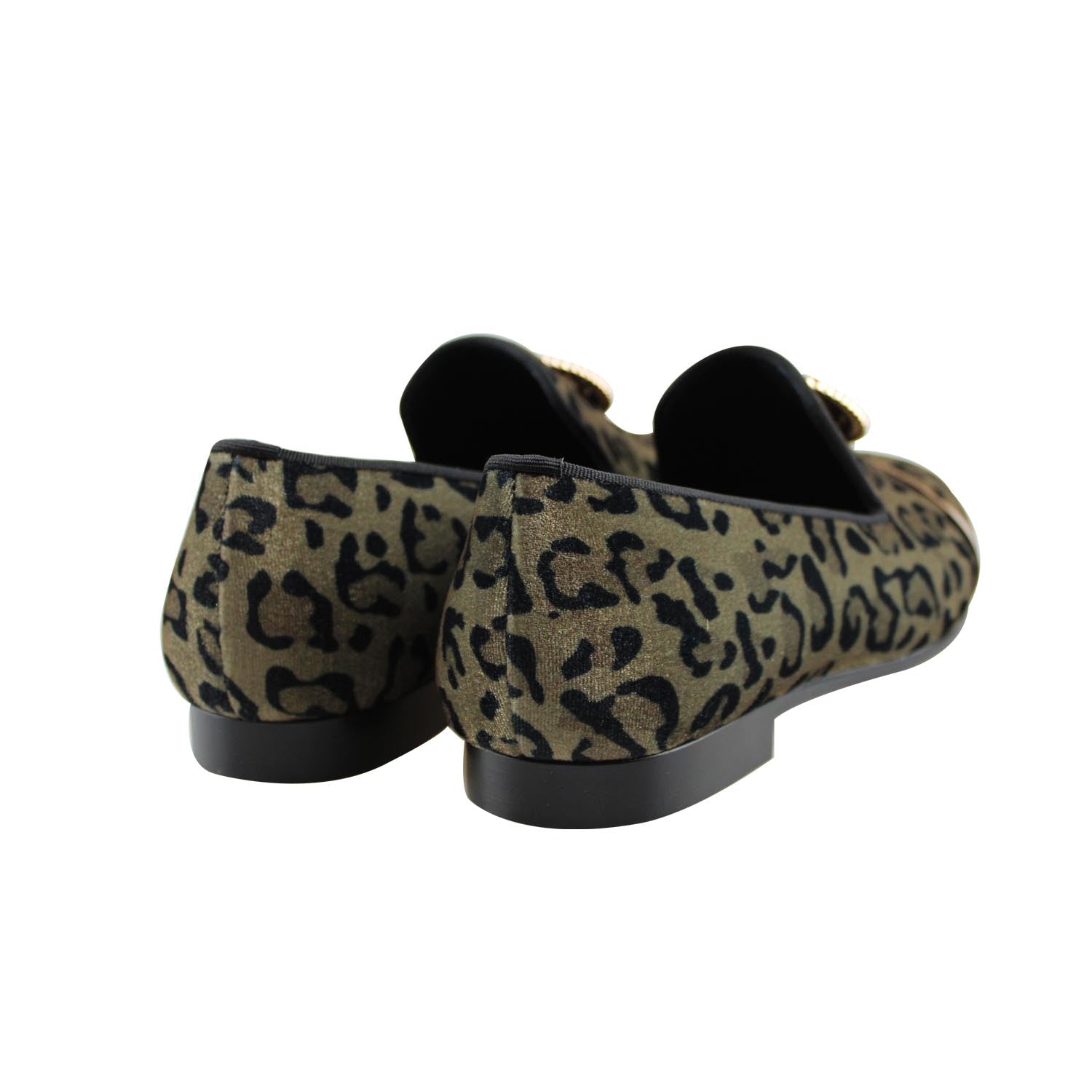 Leopard Print with Lion and Metal Strap Men Velvet Loafer Shoes