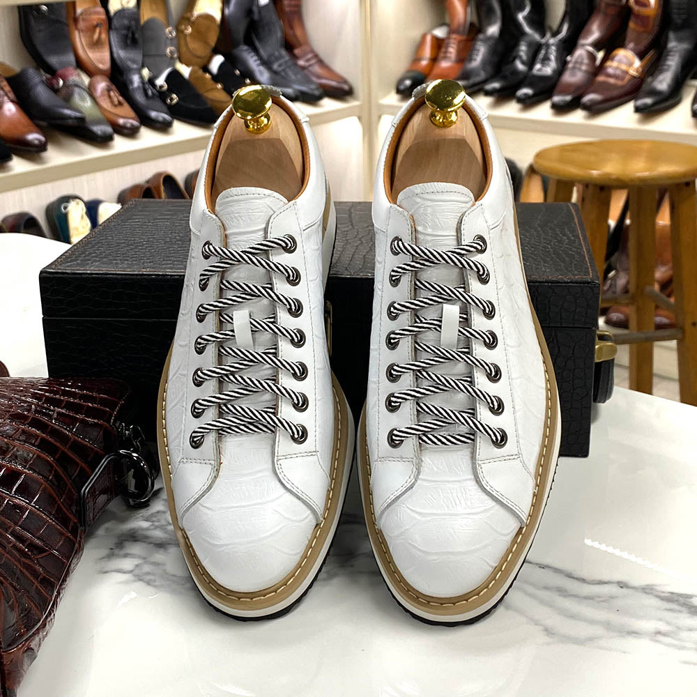 Casual Crocodile Pattern Lace-Up Leather Sneakers