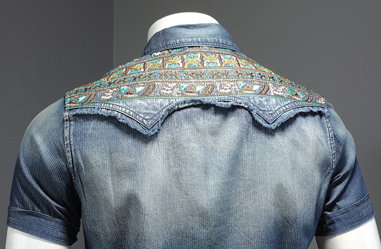 Shoulder Embroidery Patchwork Decorated Shirt