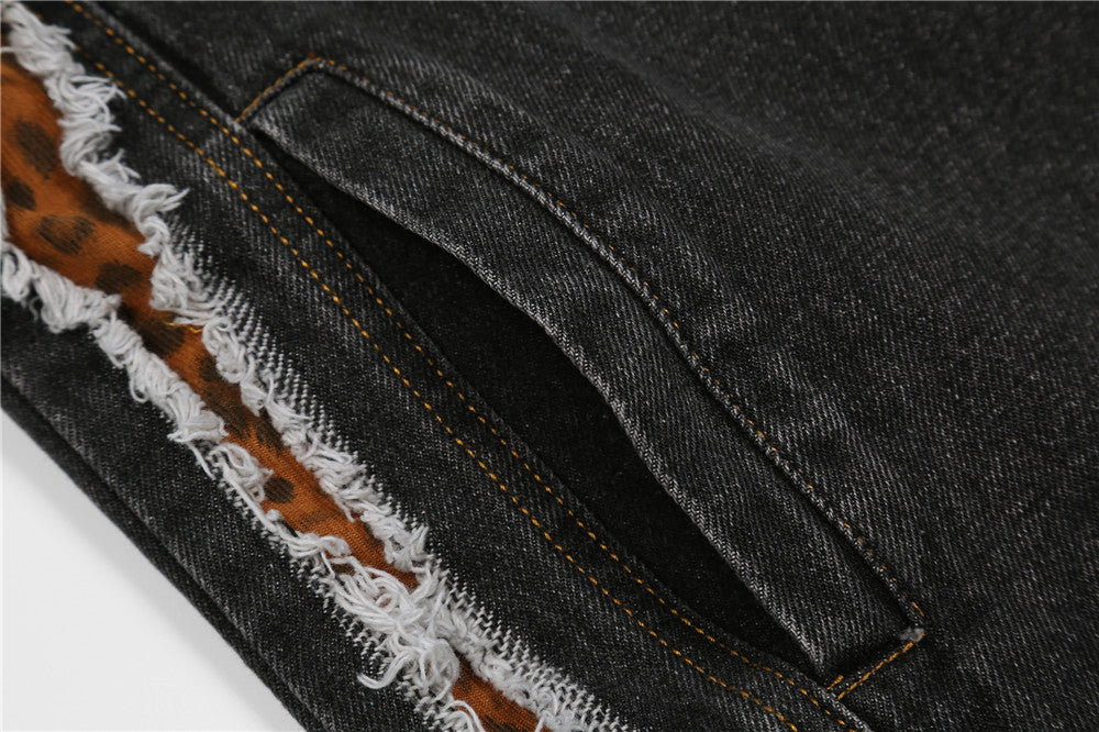 Veste en jean patchwork en forme de lettre et léopard