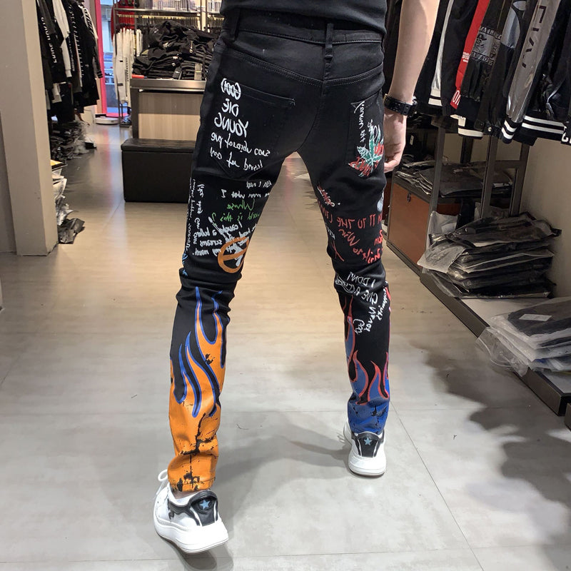 Jean Slim Straight Homme Noir avec Lettres Flame Color Painted Print