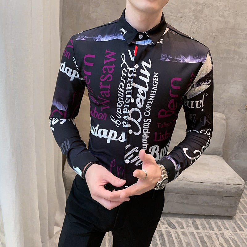 Lettre Imprimer Casual Slim Fit Hommes Chemises à Manches Longues