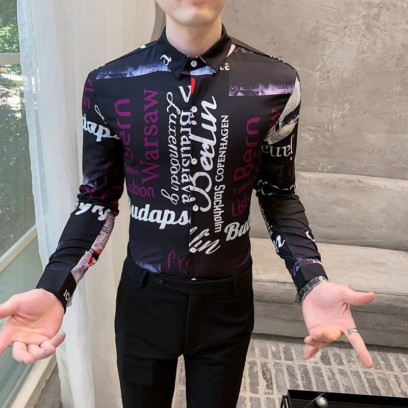 Letter Print Casual Slim Fit Men Long Sleeves Shirts