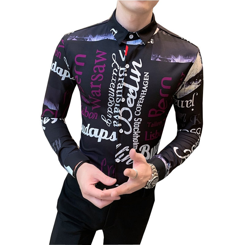 Letter Print Casual Slim Fit Men Long Sleeves Shirts