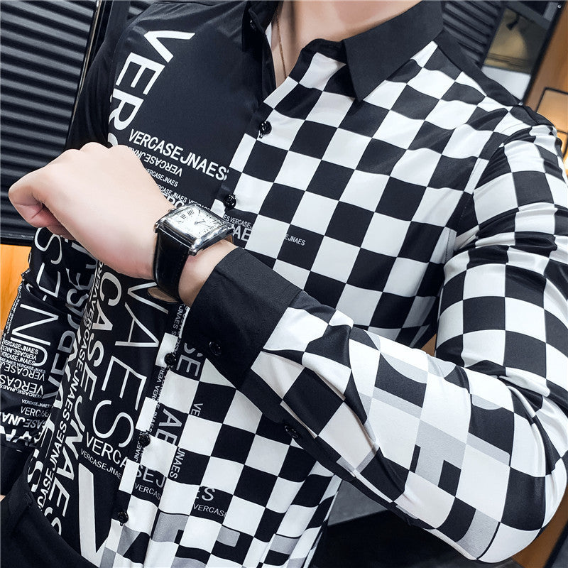 Camisas casuales de manga larga con estampado pop en blanco y negro para hombres