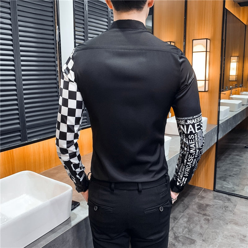 Camisas casuales de manga larga con estampado pop en blanco y negro para hombres