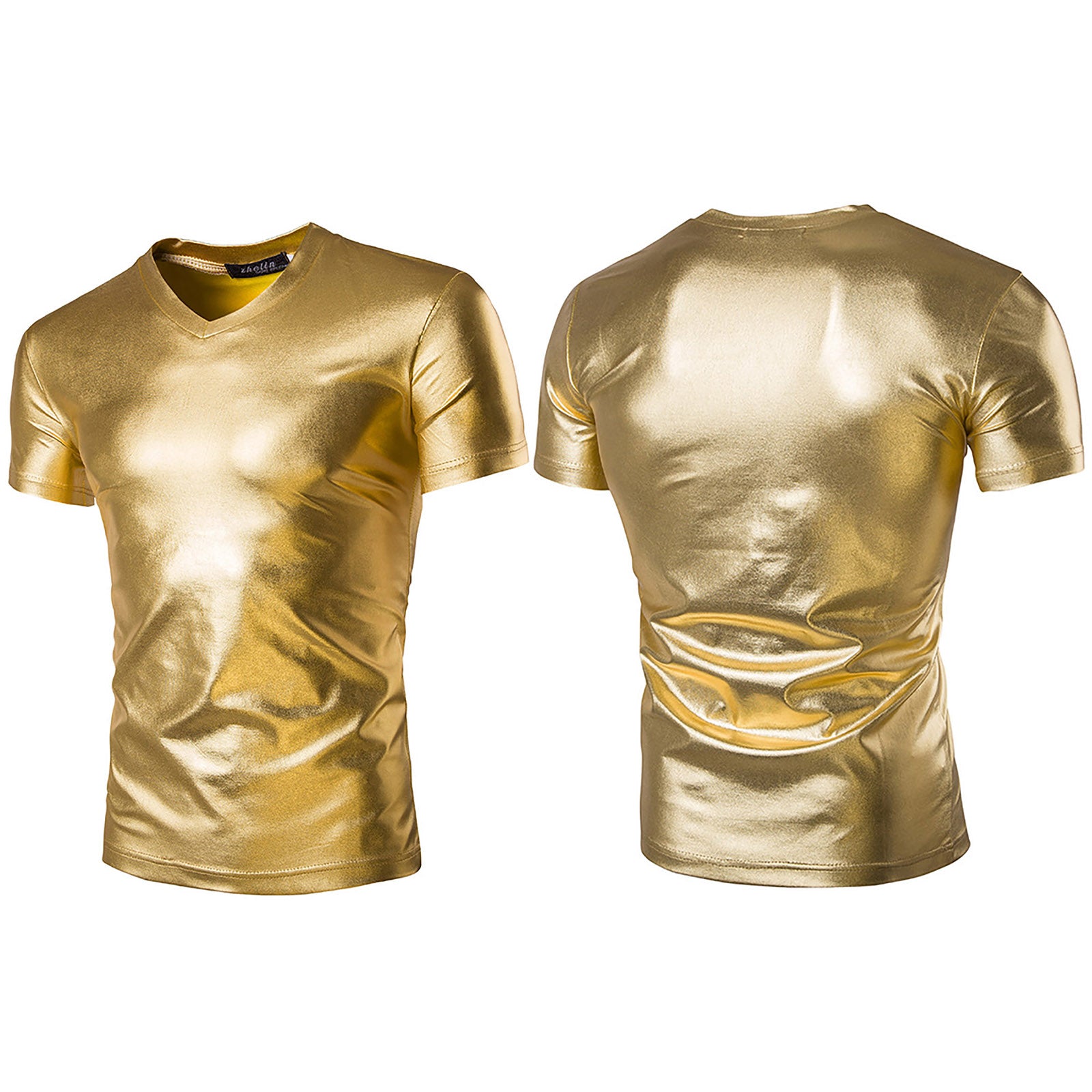 Shiny Metallic Solid V-Neck T-Shirt