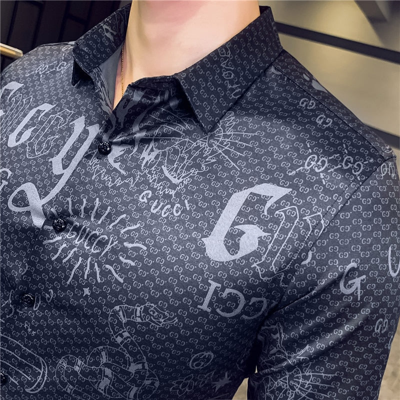 Lettre Imprimer Slim Fit Manches Longues Décontracté Bureau Porter Style Hommes Chemises