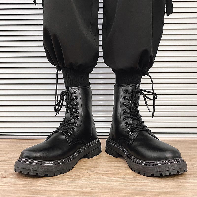 Bottes militaires épaisses en cuir noir à plateforme haute