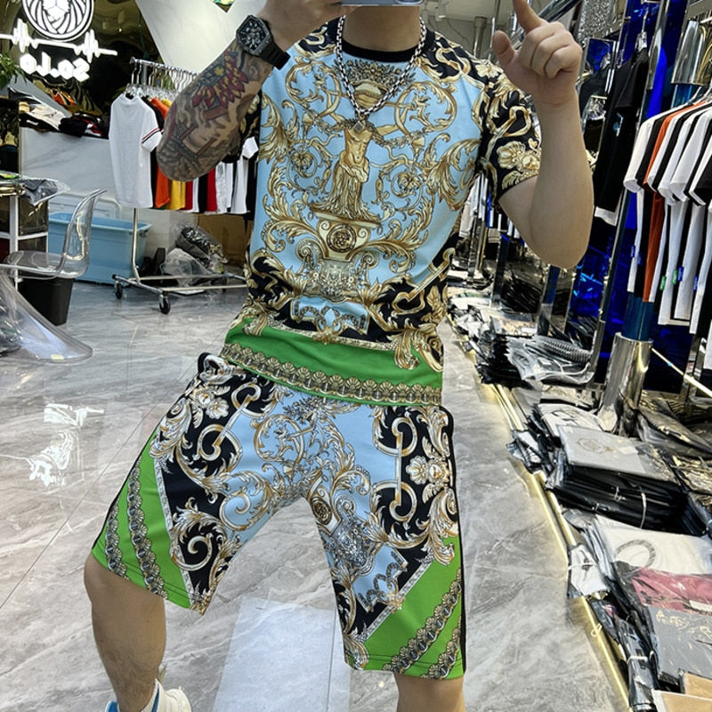 Baroque Court Print Green Shorts Set