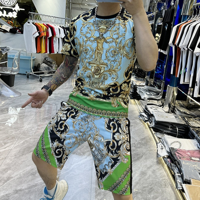 Baroque Court Print Green Shorts Set