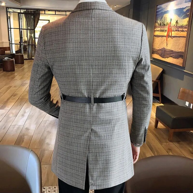 Plaid Pattern Belt Buckle Blazer