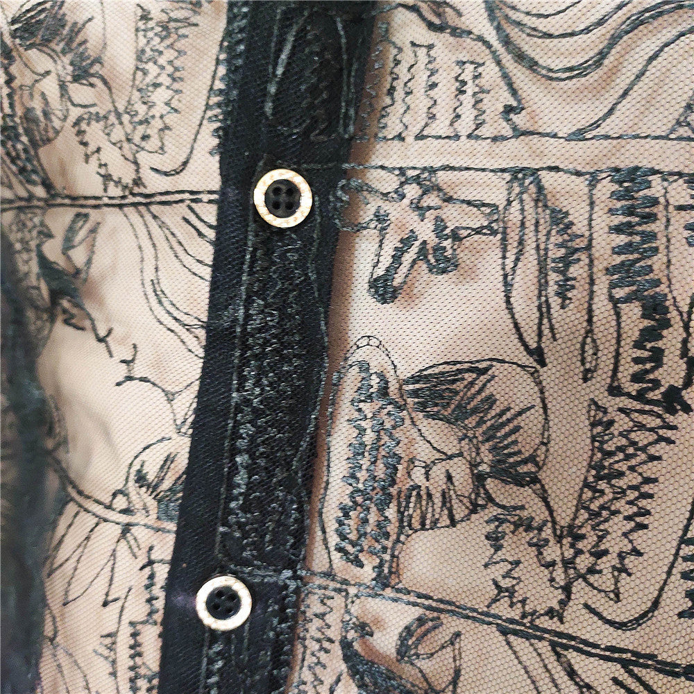 Black Abstract Embroidery See-Through Shirt