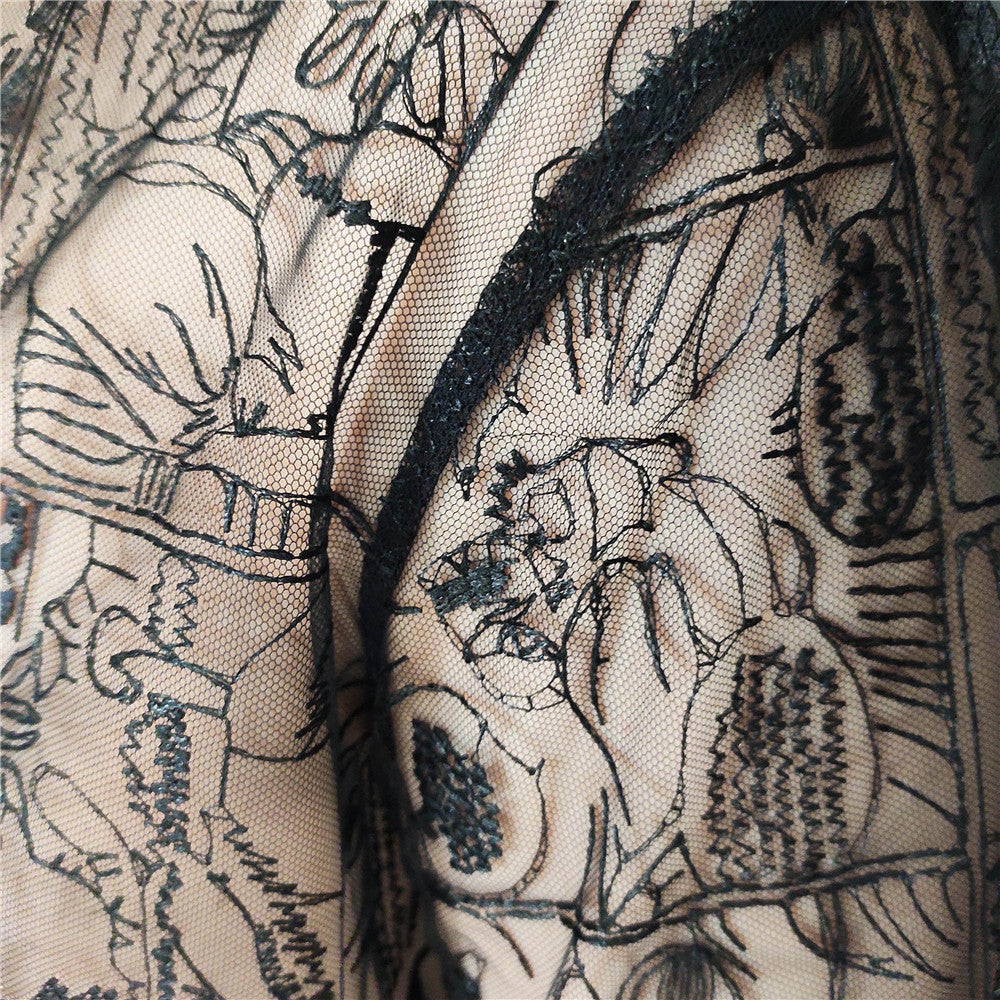 Black Abstract Embroidery See-Through Shirt