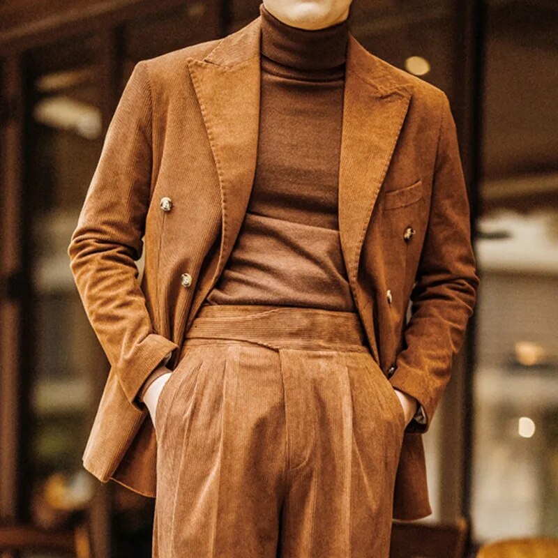 Retro Corduroy Double-Breasted Suit