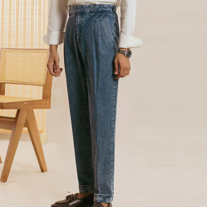 Double Pleated Washed Straight Jeans