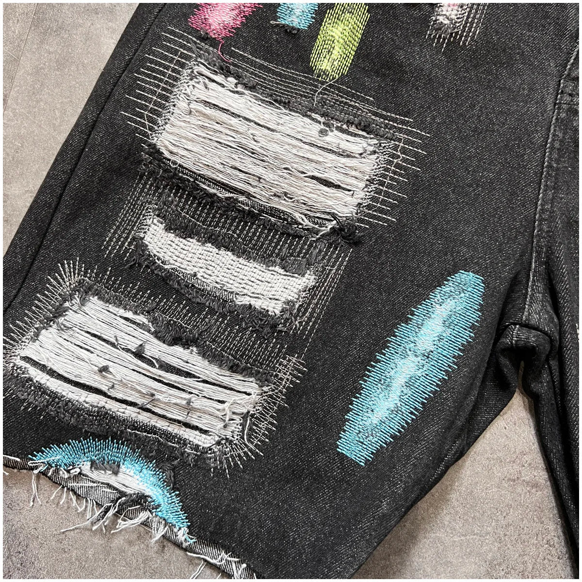 Hip Hop Embroidered Ripped Craft Shorts