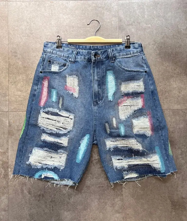 Hip Hop Embroidered Ripped Craft Shorts
