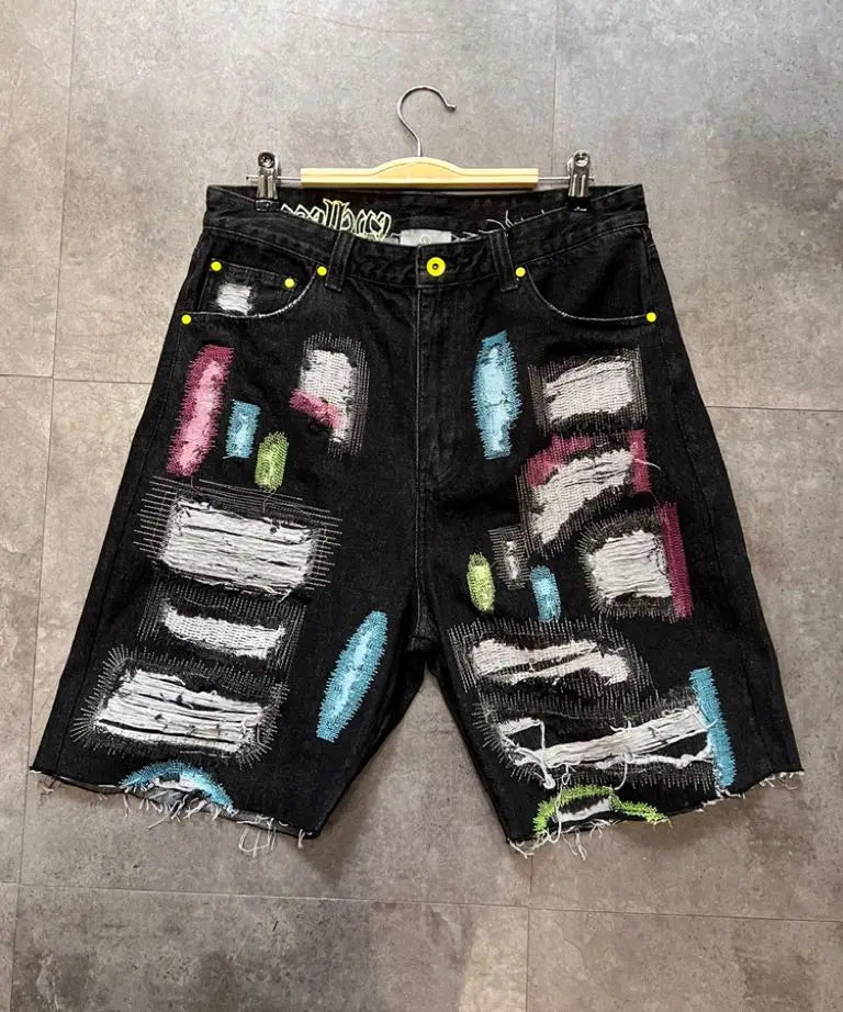 Hip Hop Embroidered Ripped Craft Shorts