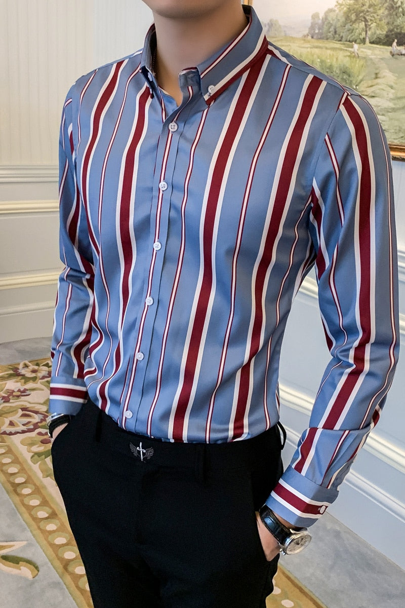 Long Striped Business Casual Style Men Long Sleeves Shirts