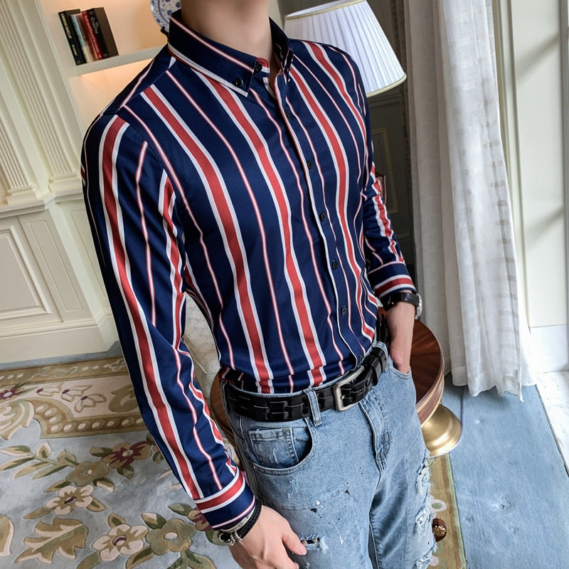 Long Striped Business Casual Style Men Long Sleeves Shirts