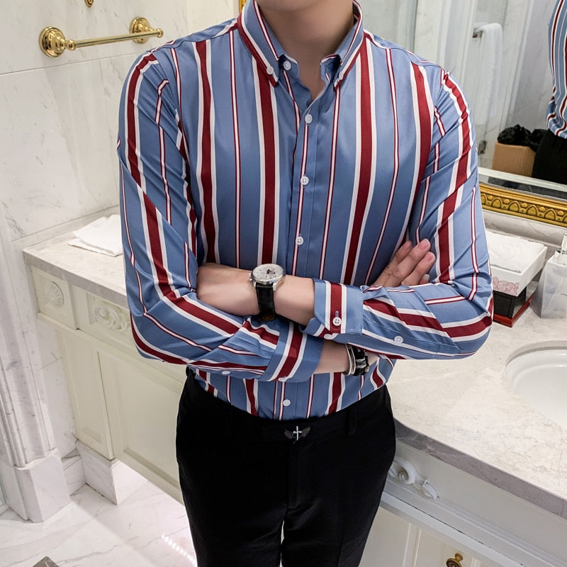 Long Striped Business Casual Style Men Long Sleeves Shirts