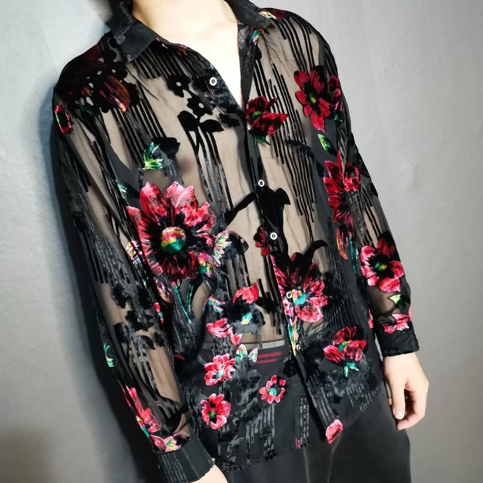 Black Silk Flower Long Sleeve Transparent Shirt
