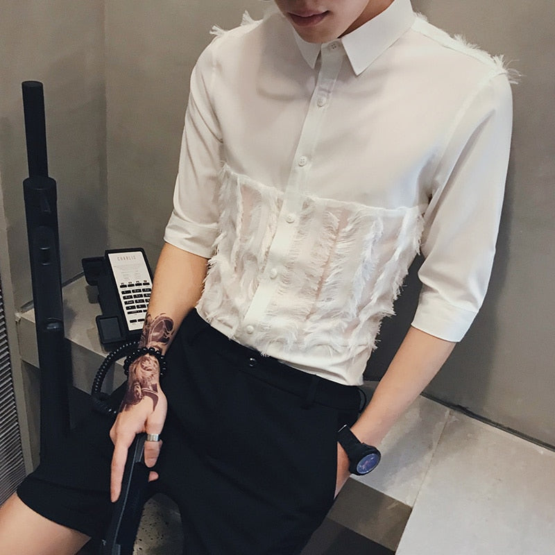 Fourrure Dentelle Patchwork Détail Robe Style Hommes Chemise Slim Fit