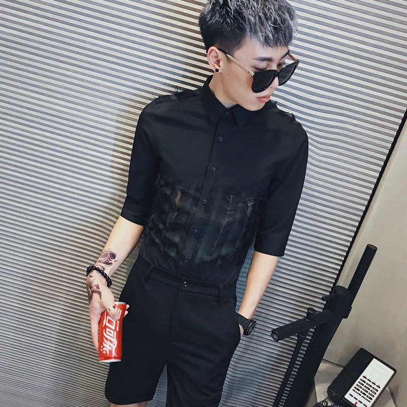 Fourrure Dentelle Patchwork Détail Robe Style Hommes Chemise Slim Fit