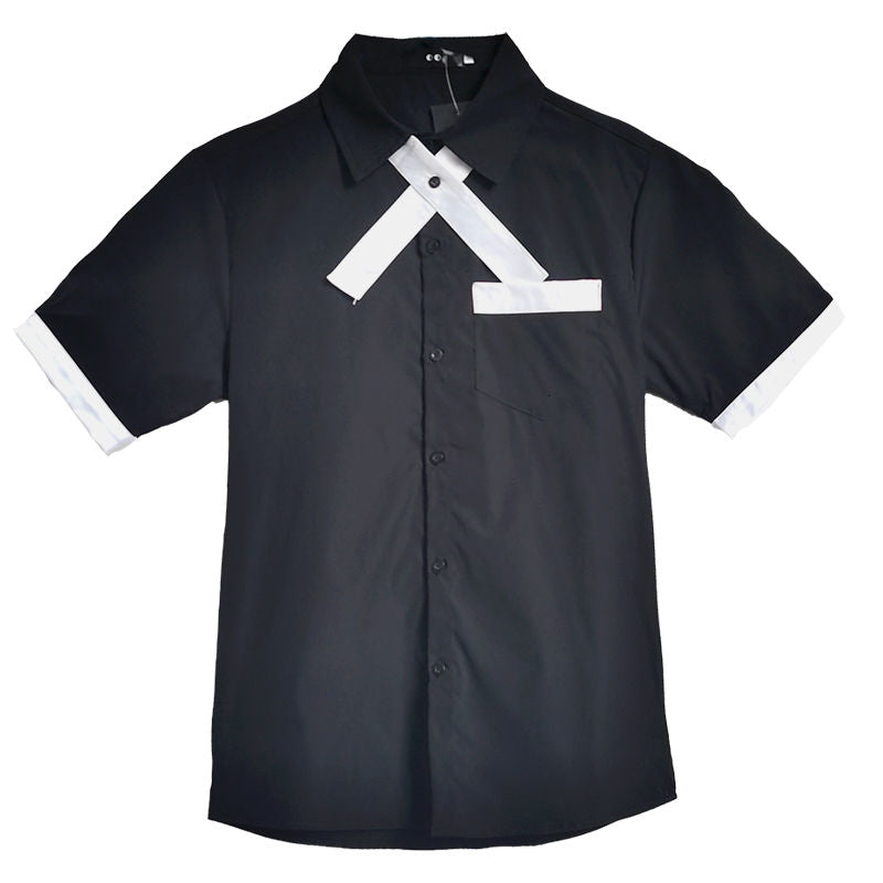 Simple Crossed Tie Contrast Color Shirt