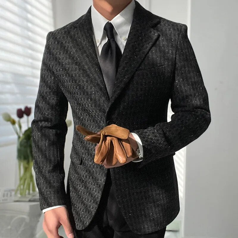 Black Plaid Woolen Blazer