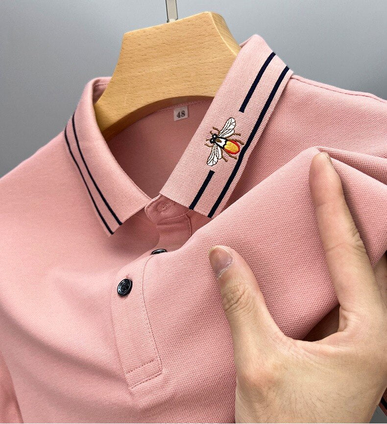 Striped Bee Embroidery Collar Polo Shirt
