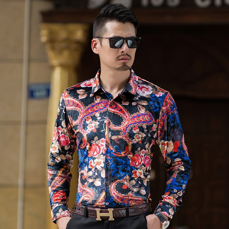 Velours Floral Paisley Combinaison Hommes Chemise à Manches Longues