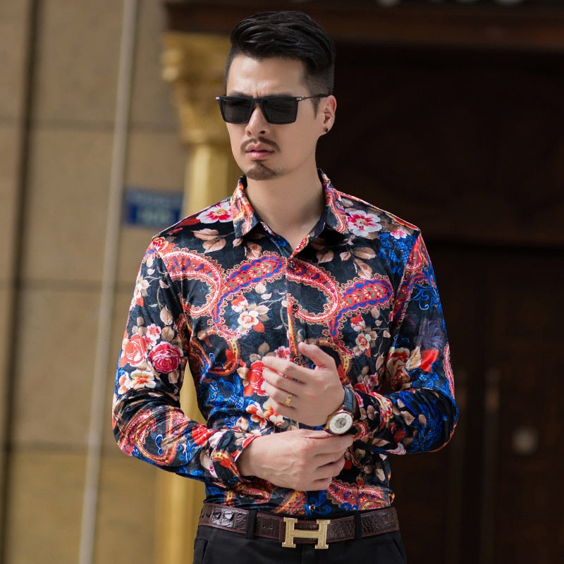 Velours Floral Paisley Combinaison Hommes Chemise à Manches Longues