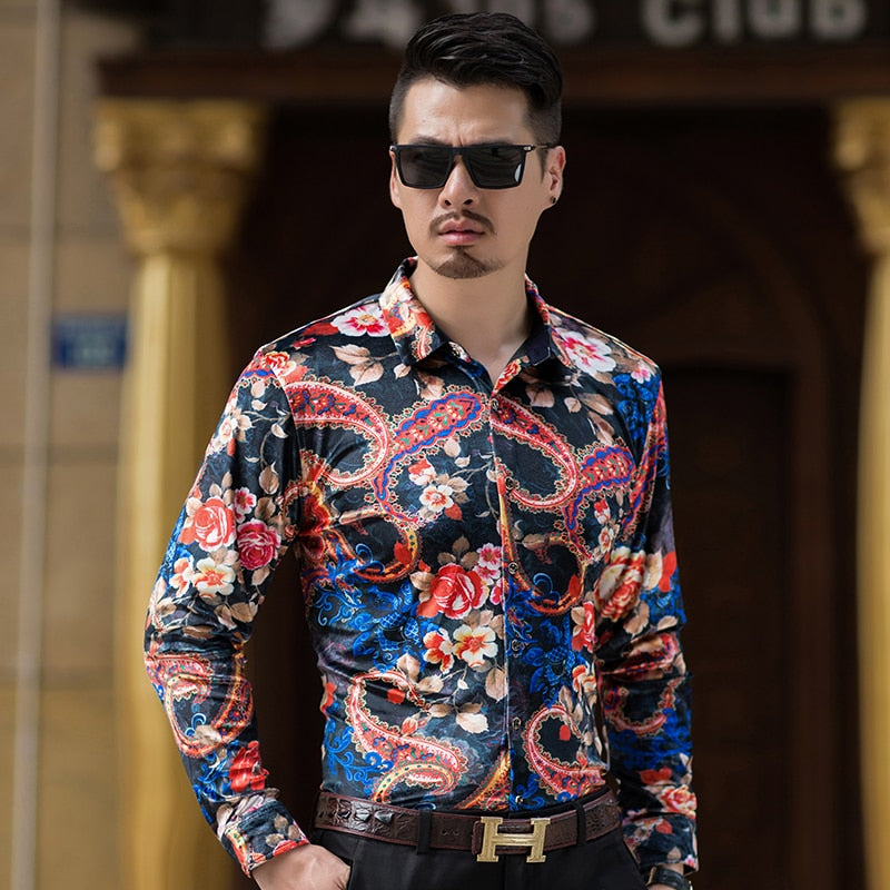 Velours Floral Paisley Combinaison Hommes Chemise à Manches Longues
