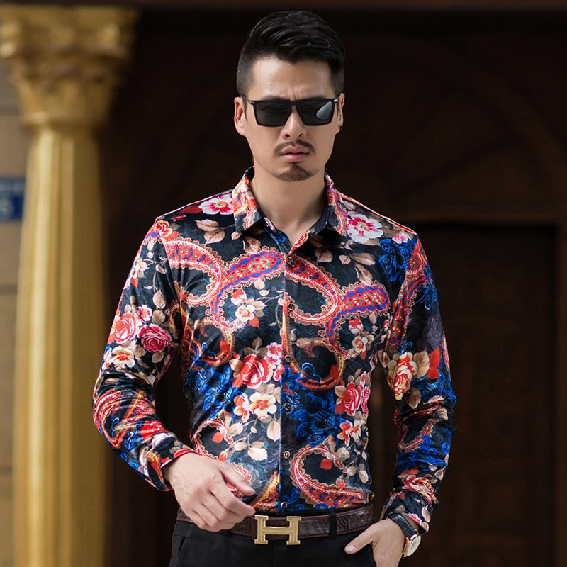 Velours Floral Paisley Combinaison Hommes Chemise à Manches Longues