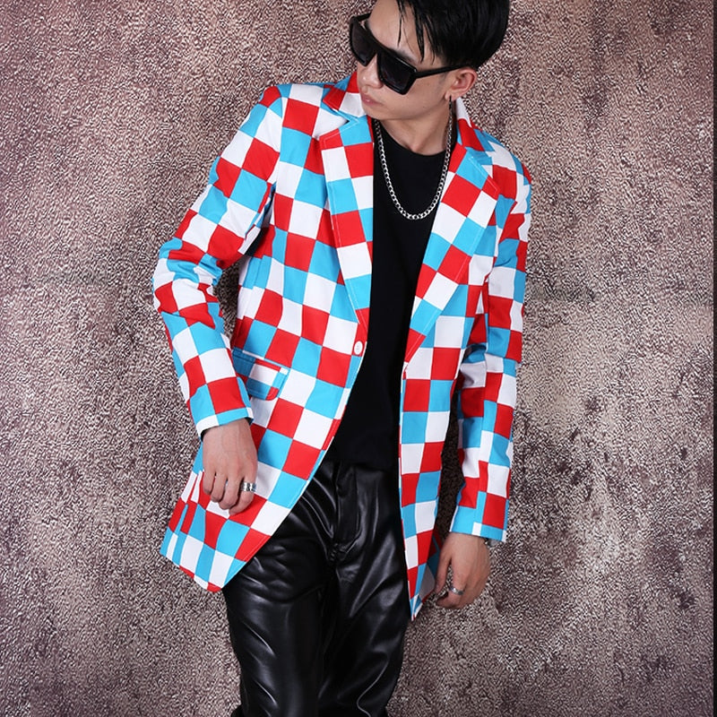 Color Checkered Hip Hop Mid Long Style Men Blazer