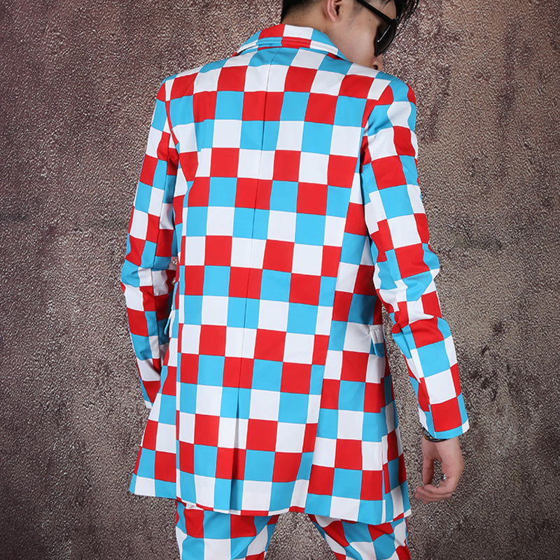 Color Checkered Hip Hop Mid Long Style Men Blazer