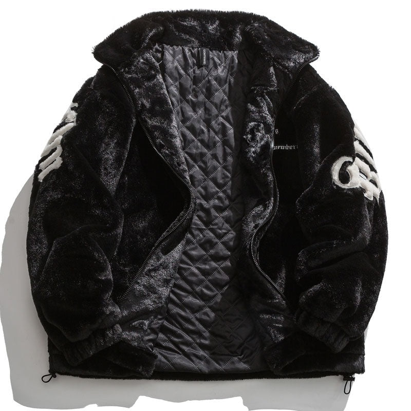 Streetwear Black Fur Embroidery Jacket