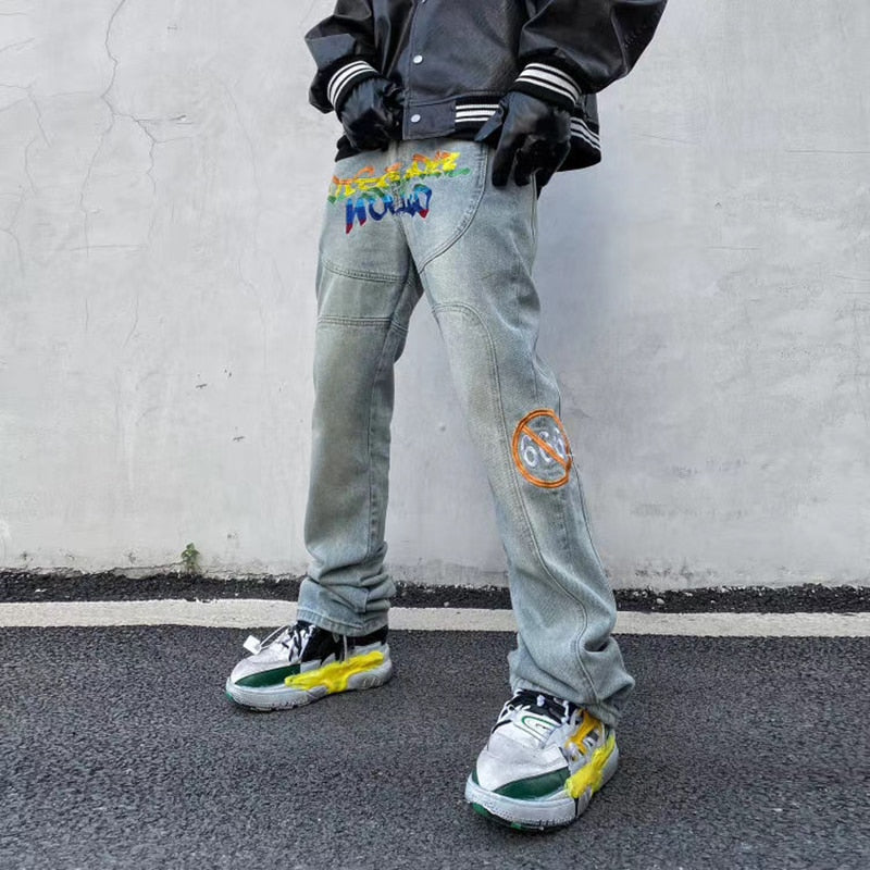 Rainbow Letters Embroidery Loose Jeans