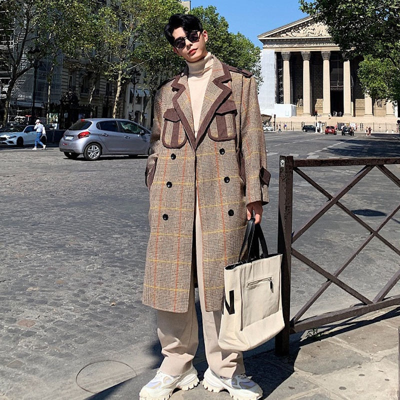 Plaid Splice Double Breasted Long Vintage Style Men Coat