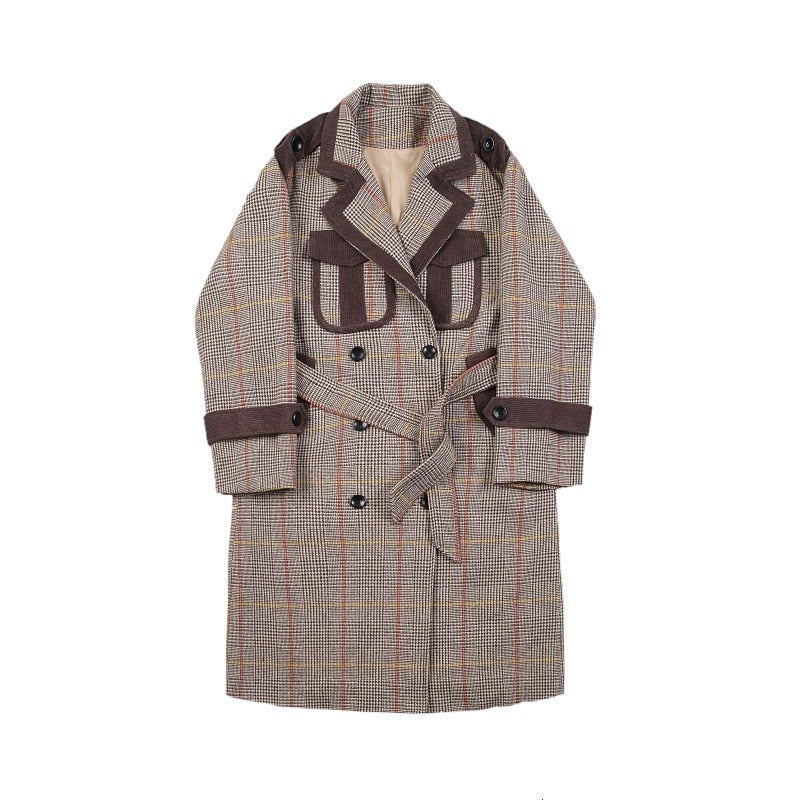 Plaid Splice Double Breasted Long Vintage Style Men Coat